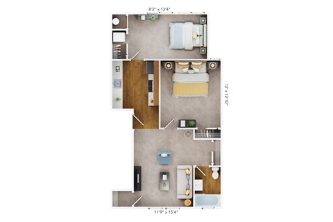 Floor plan for 2 beds, 1 bath, 740 sqft